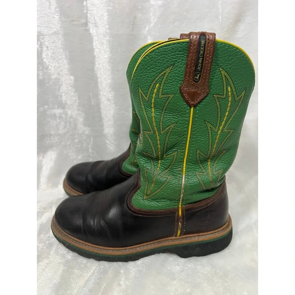 John Deere Western Boots Childrens 6.5M Brown Green Leather Cowboy Work Farmcore